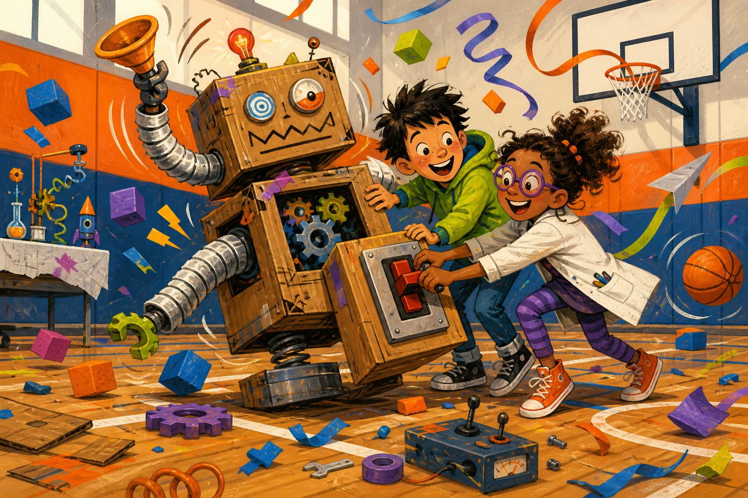 Original editorial illustration of children stopping a silly cardboard robot in a school gym