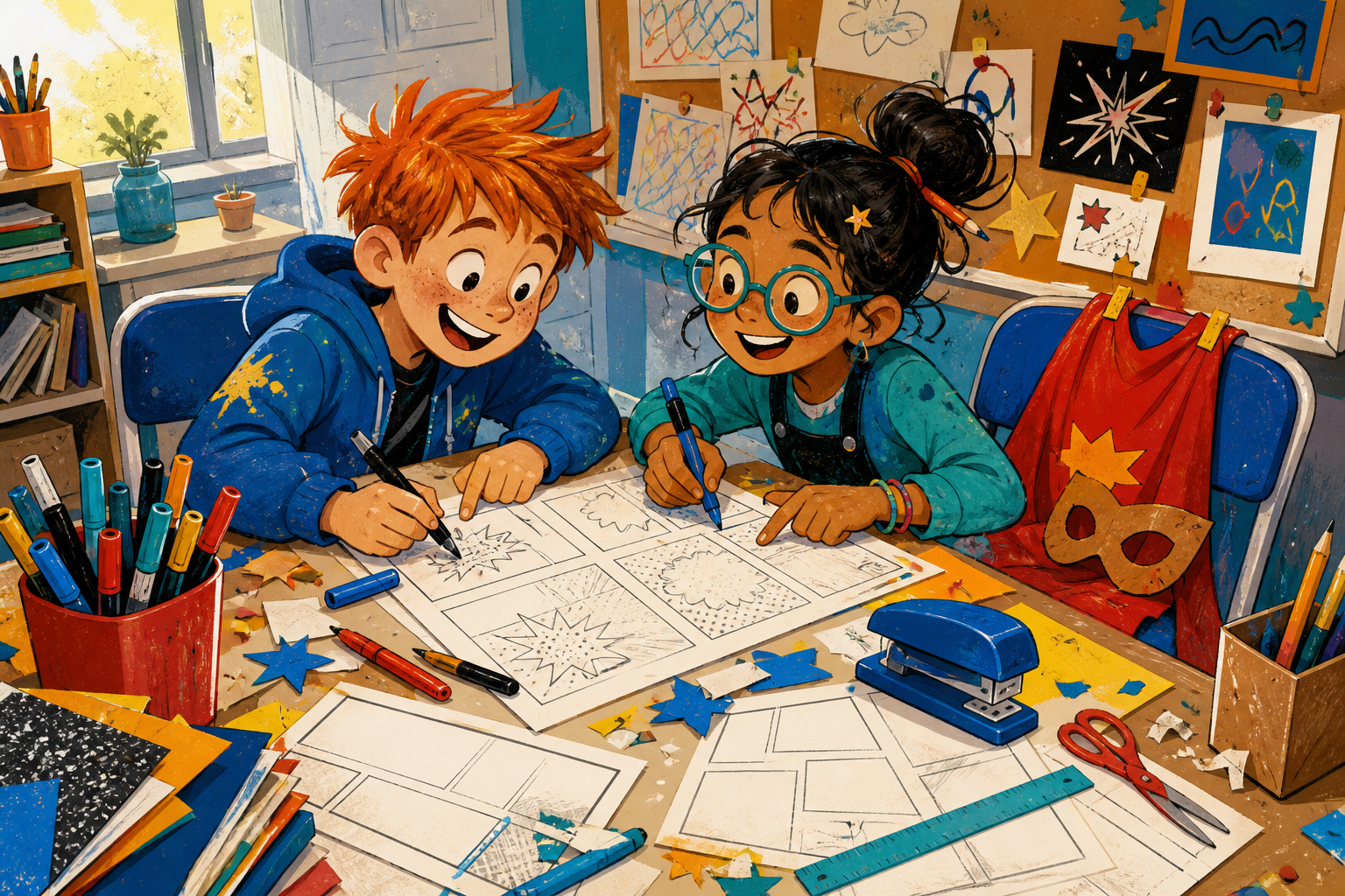 Original editorial illustration of two children creating a handmade superhero comic