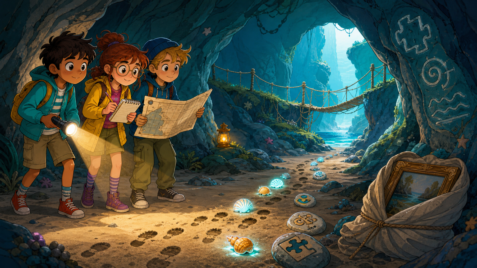 Ilustración editorial original de una investigación infantil con mapas y enigmas