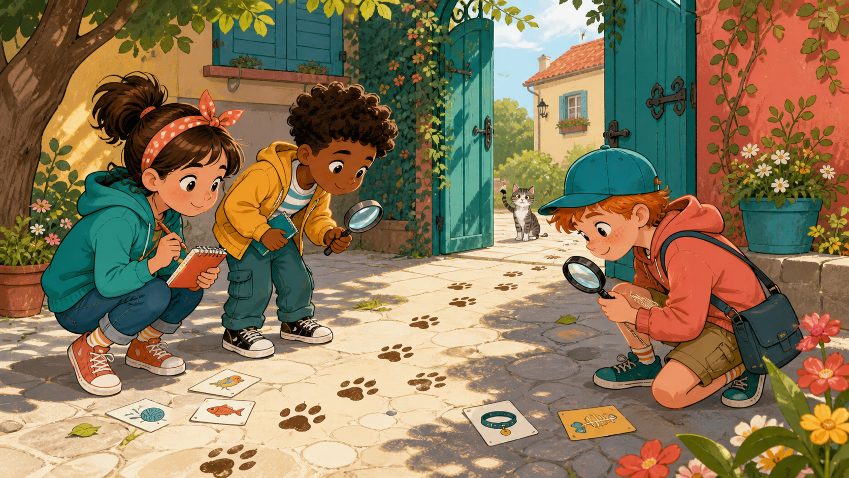 Ilustración editorial original sobre jóvenes detectives siguiendo pistas