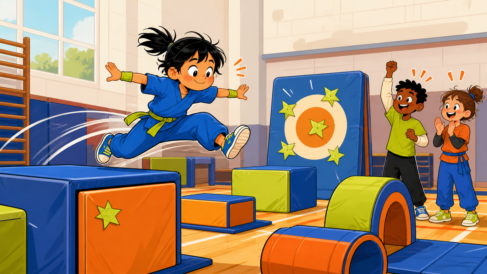 Ilustración editorial original de niños completando un circuito de agilidad