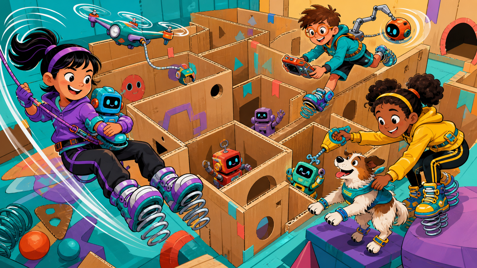 Ilustración editorial original de niños rescatando robots de juguete en equipo