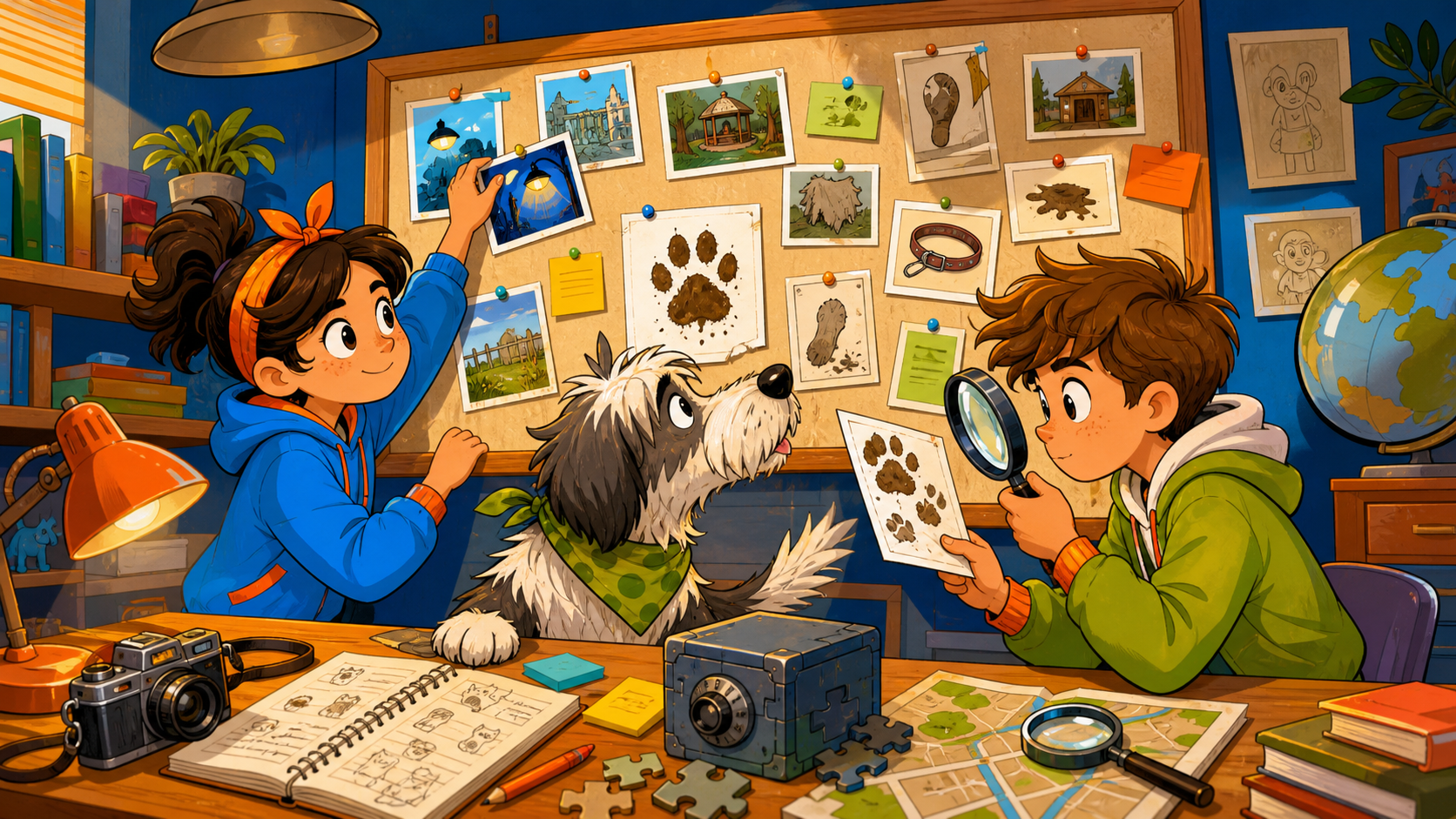 Ilustración editorial original sobre jóvenes detectives siguiendo pistas