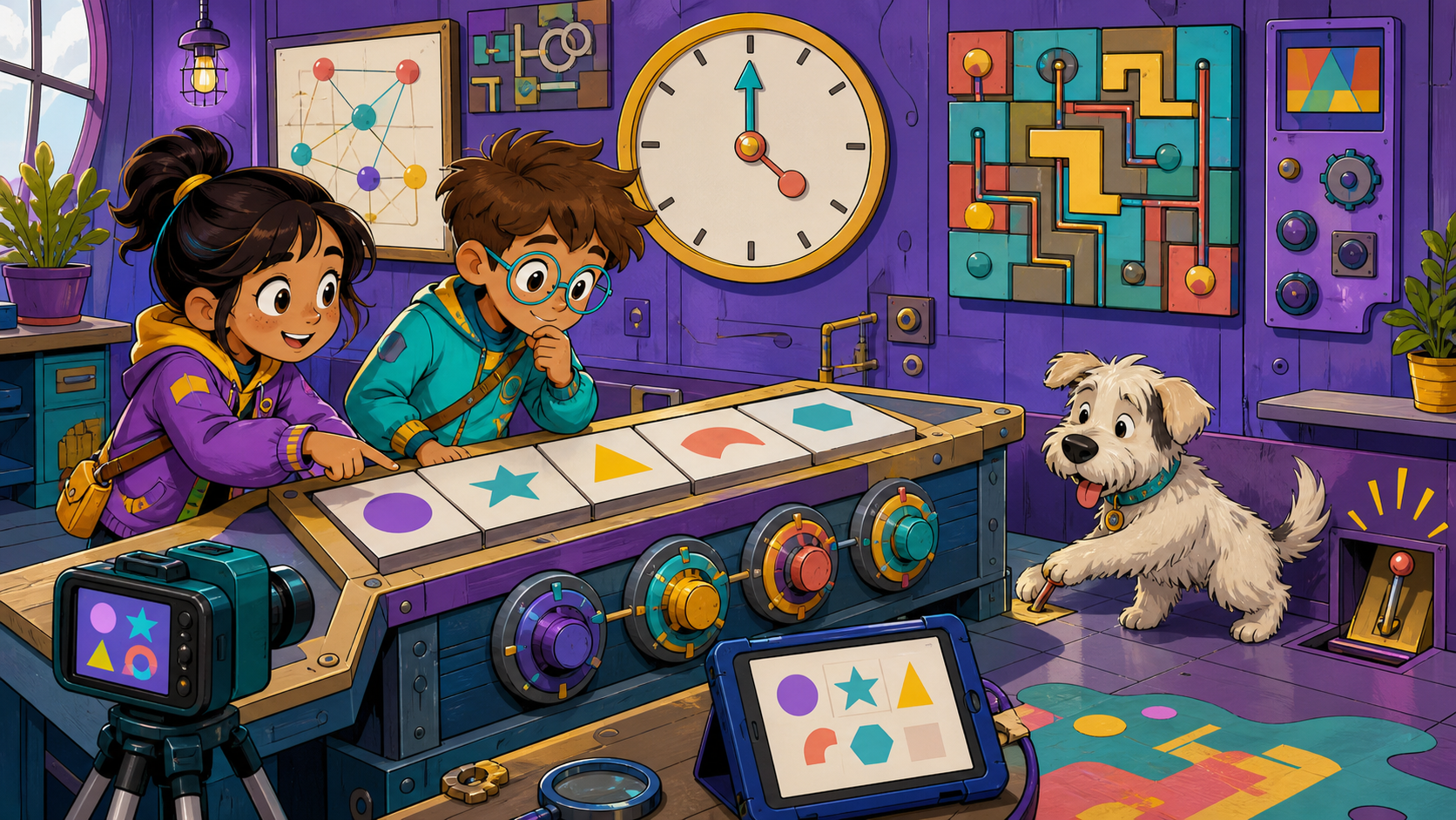 Ilustración editorial original de una investigación infantil con mapas y enigmas