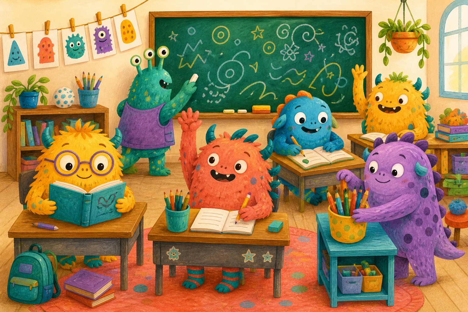 Original editorial illustration of friendly monsters learning together in a classroom