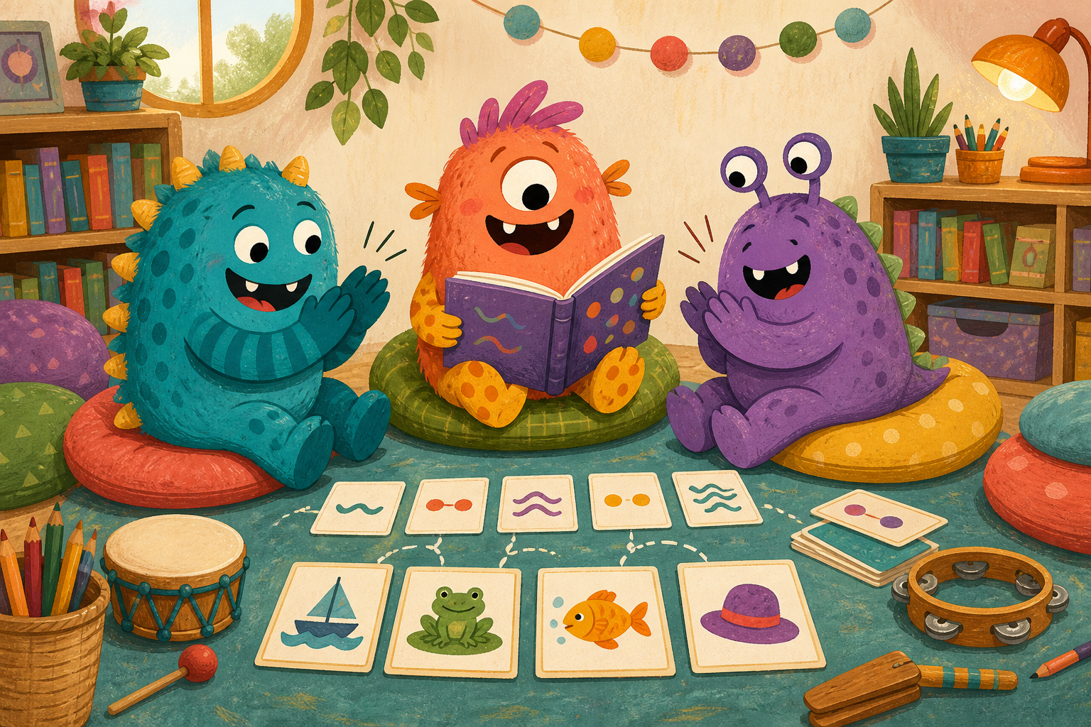 Original editorial illustration of friendly monsters reading and practising rhymes