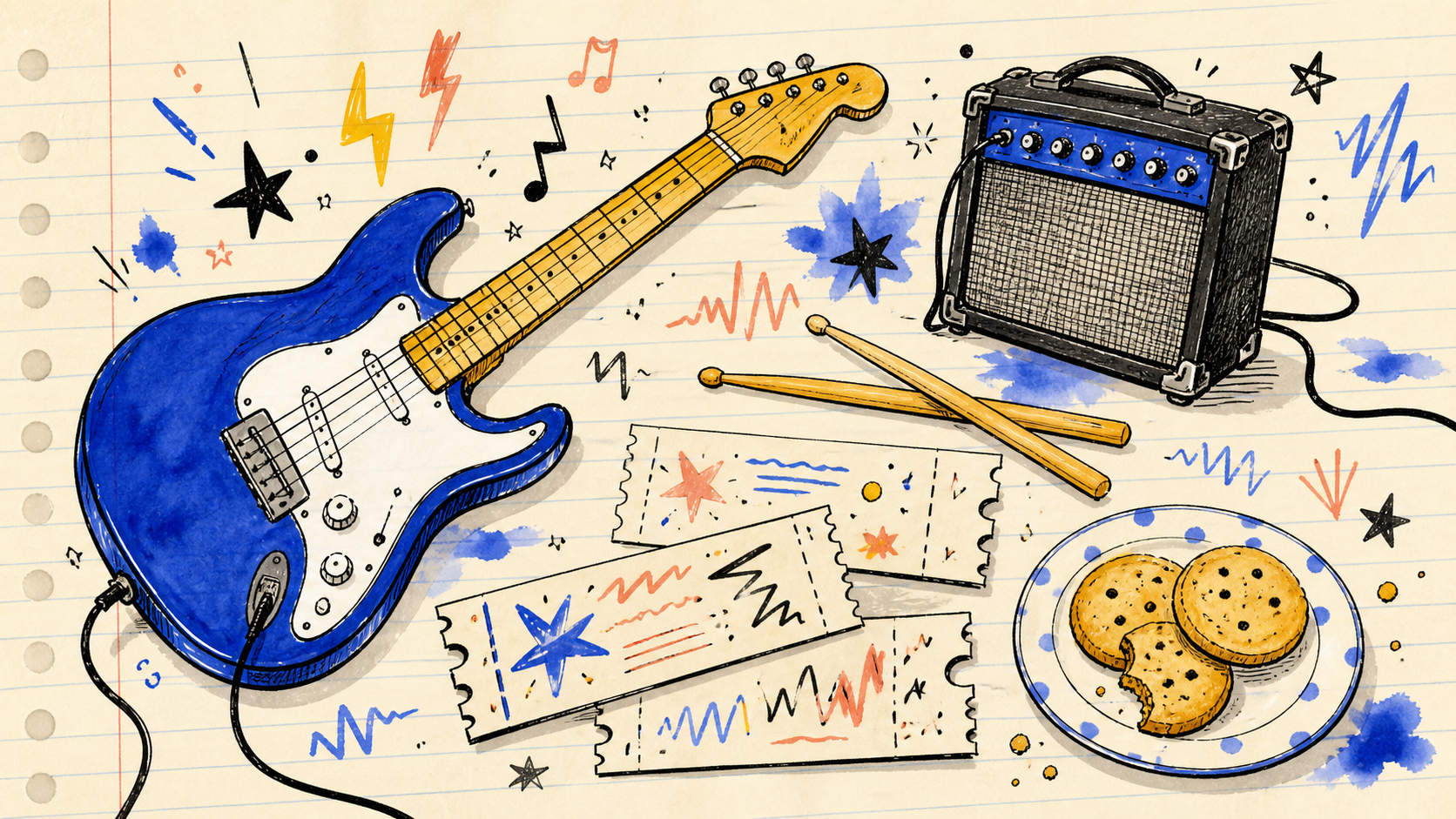 Original editorial illustration of a guitar, amplifier, drumsticks, concert tickets and biscuits