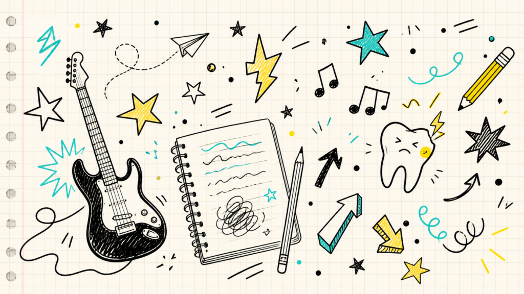 Garabatos de cuaderno con guitarra, estrellas, lápices y una muela