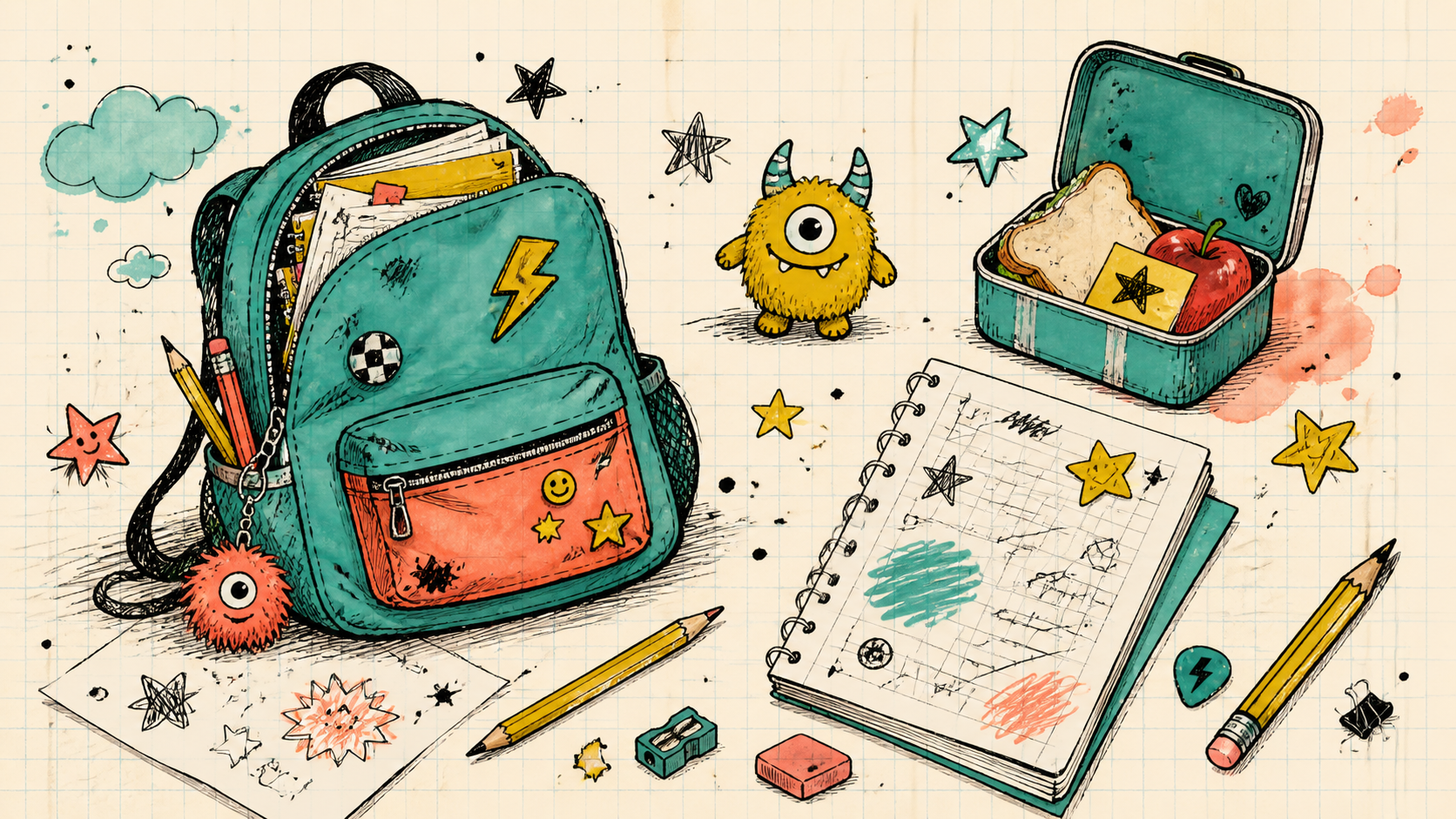 Original editorial illustration of a school backpack, notebook, pencils and playful monster toys